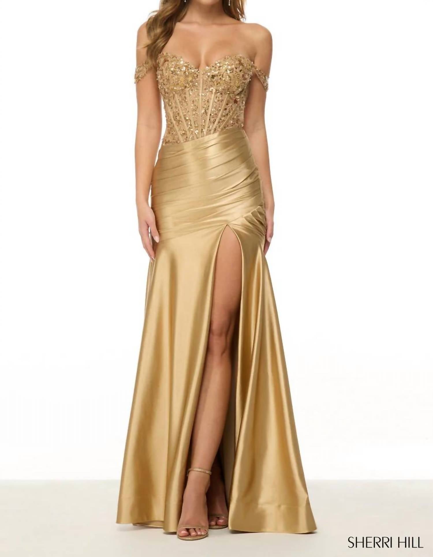 Sherri Hill - Off The Shoulder Gown With Sequin Lace Corset Bodice