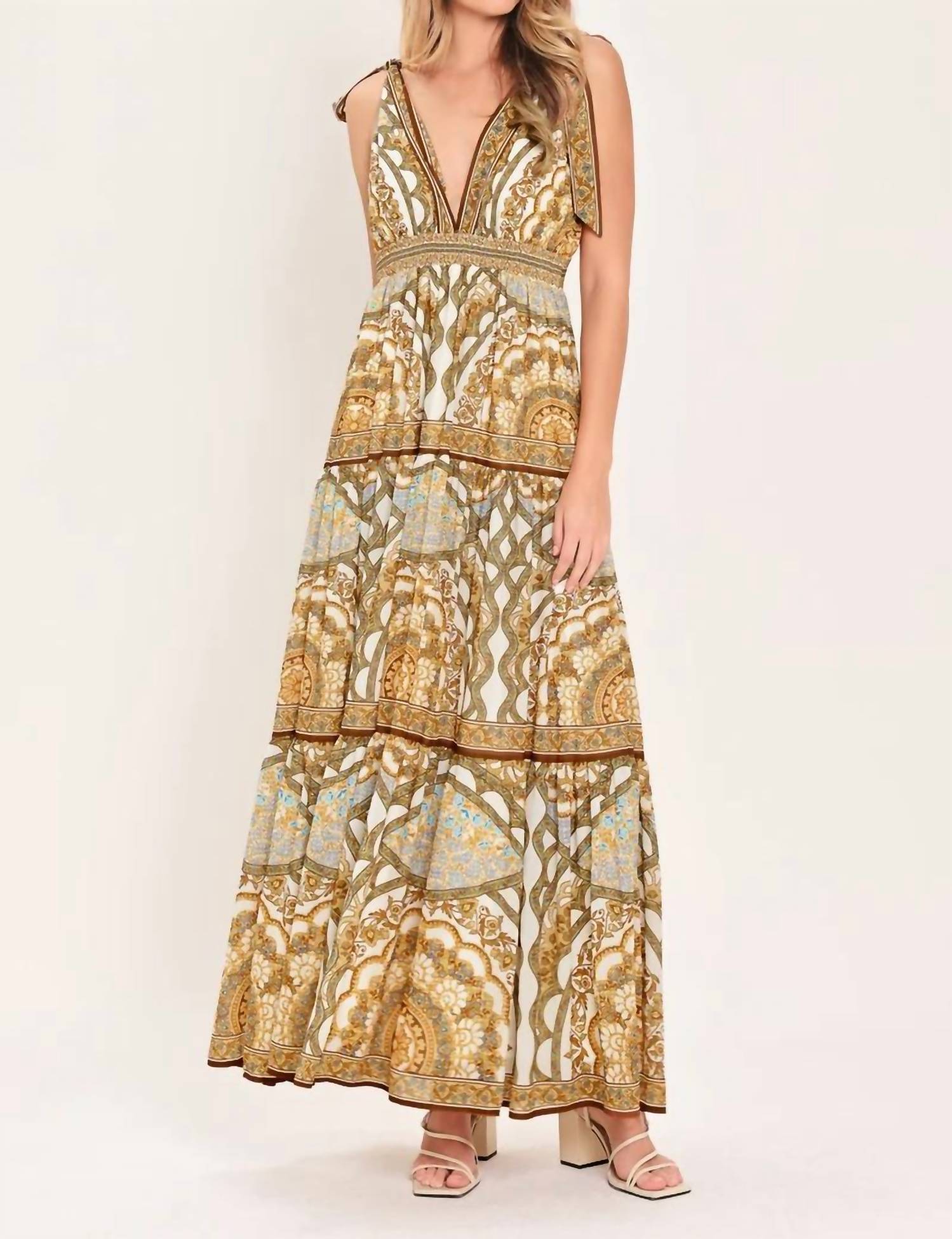 Flying Tomato - Boho Paisley Tie Shoulder Maxi Dress