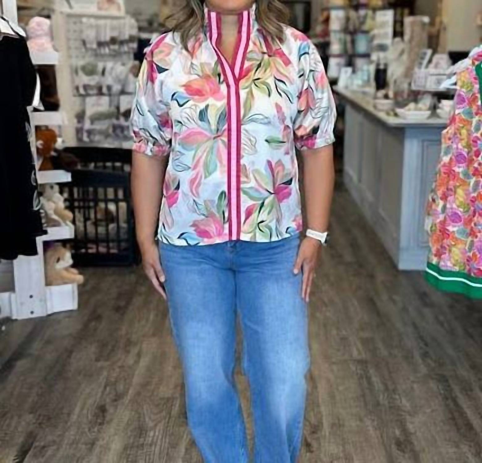 Thml - Floral Satin Short Sleeve Top With Contrast Bands