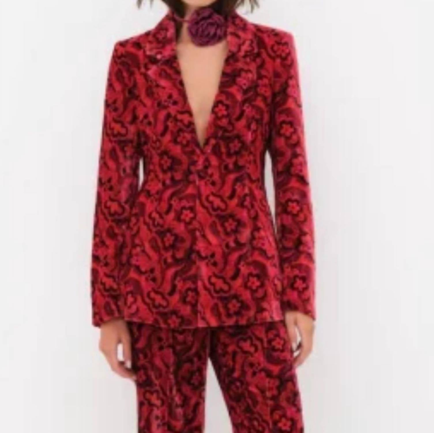 for Love & Lemons Penny Lace Trim Blazer in red multi - women's jacket - detail view