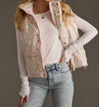 Panache Apparel Floral Puffer Vest With Zipper & Snap Closure in light pink - women's jacket