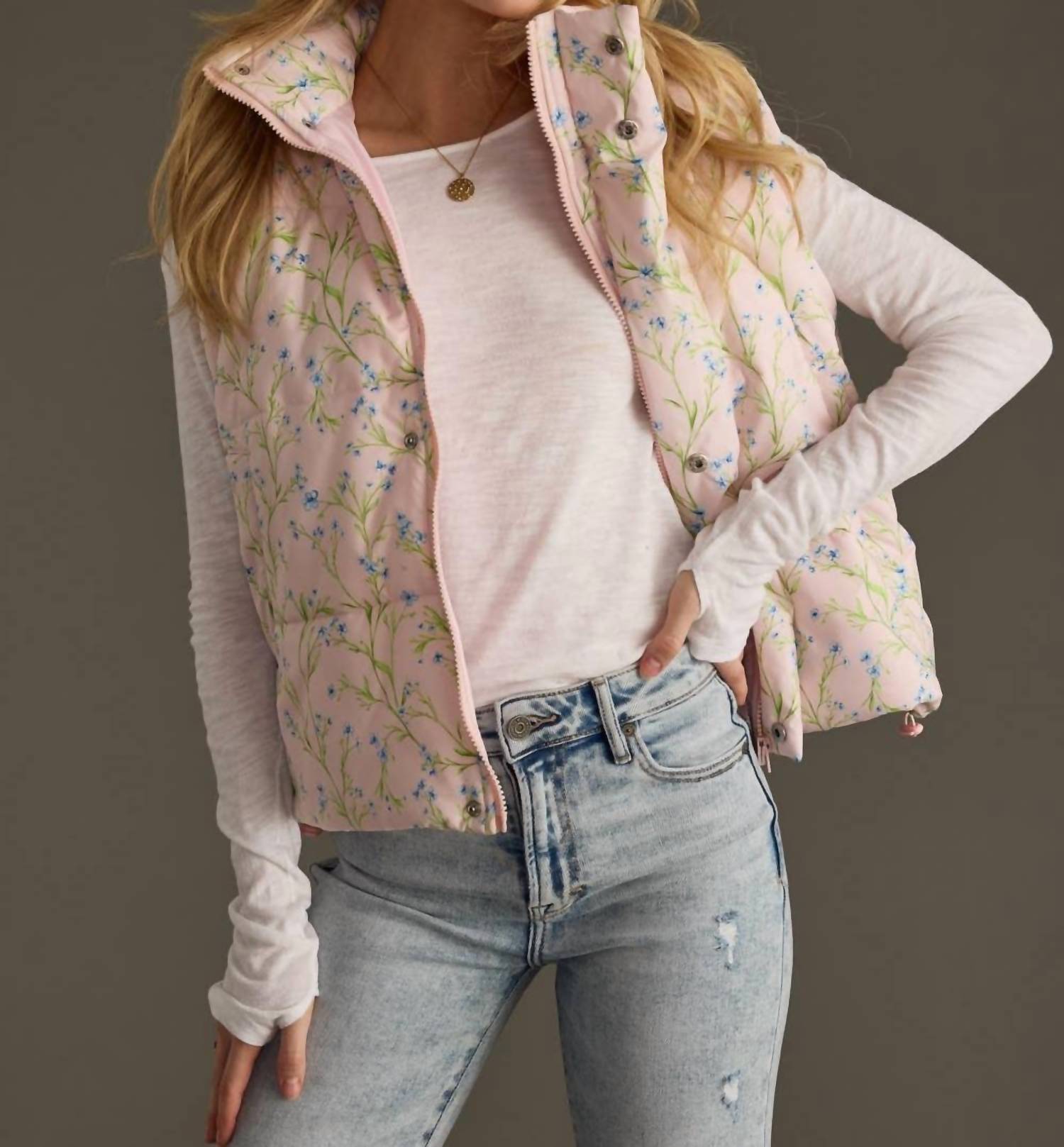Panache Apparel Floral Puffer Vest With Zipper & Snap Closure in light pink - women's jacket