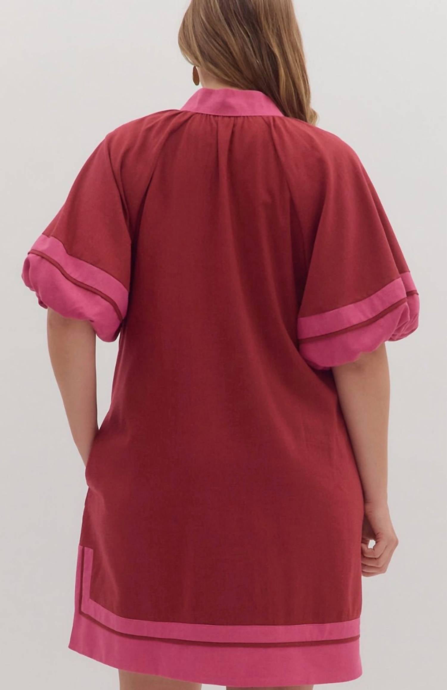 Entro - Solid Contrast Lantern Sleeves Slit Hem Split Collar Mini Dress - Plus