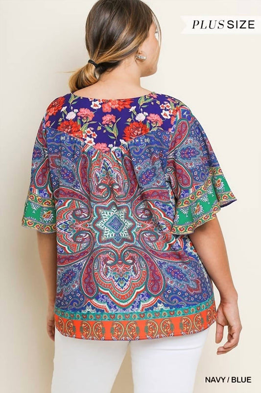 Paisley Scarf Print Bell Sleeve Plus Blouse