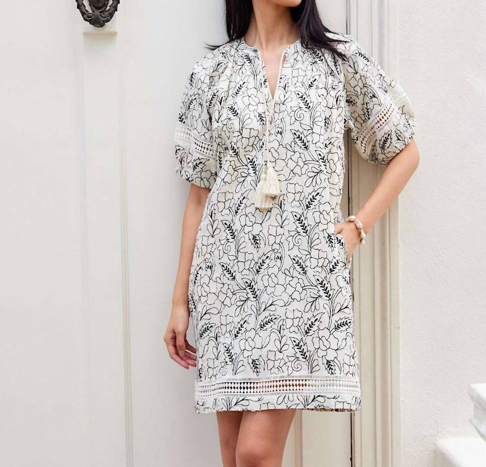 Karen Kane Puff Sleeve Tassel Dress in cream - women's dress - view 6