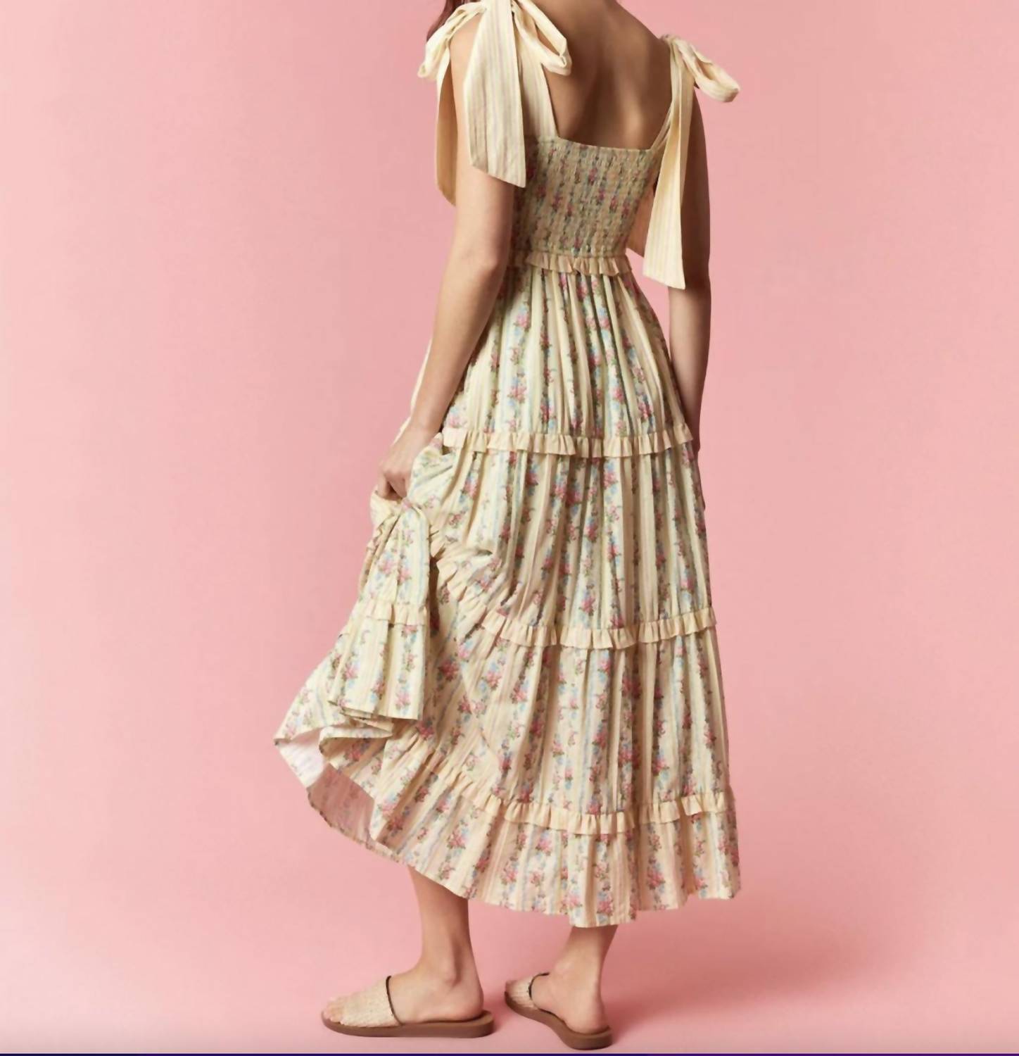 Peach Love Floral Stripe Mixed Detail Dress in yellow - women's dress - detail view