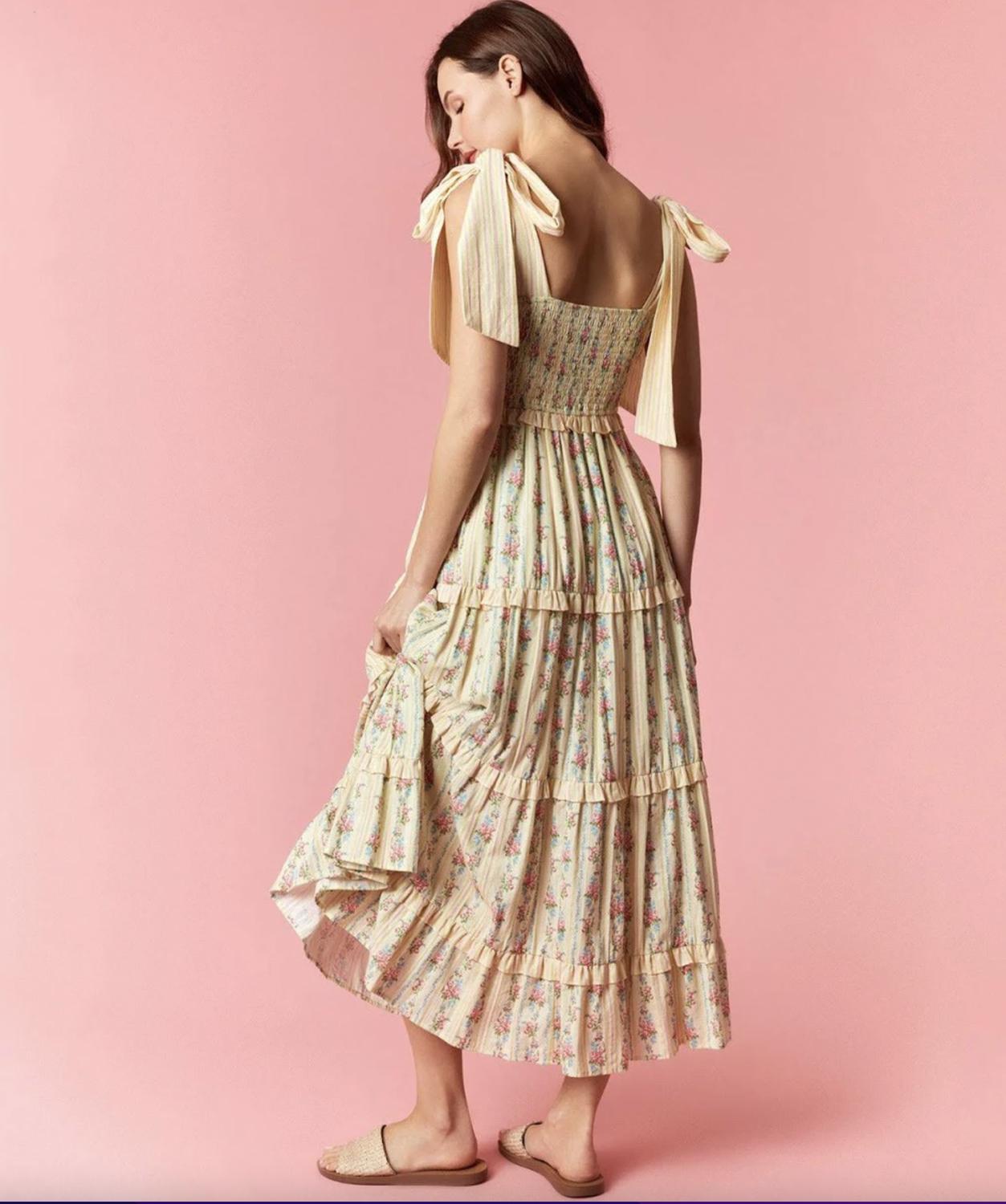 Peach Love Floral Stripe Mixed Detail Dress in yellow - women's dress - alternate view