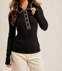 Hem & Thread Contrast Stitch Collared Henley Top in black - women's long sleeve top