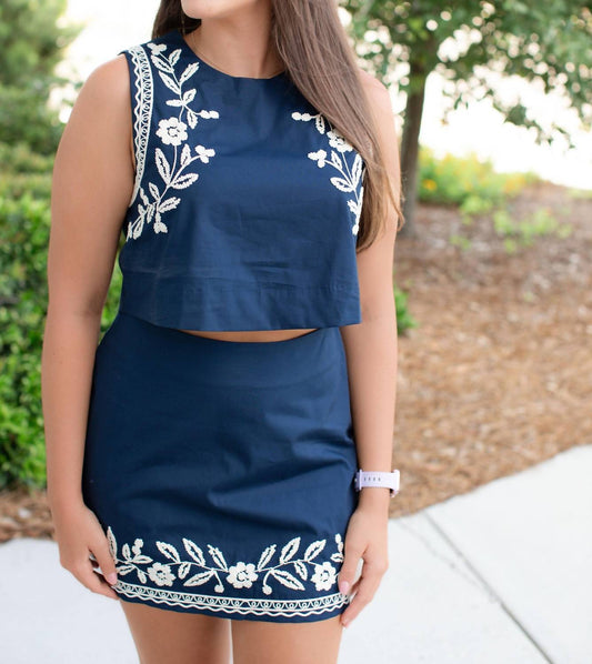 Mable - Embroidered Crop Top And Mini Skirt Set
