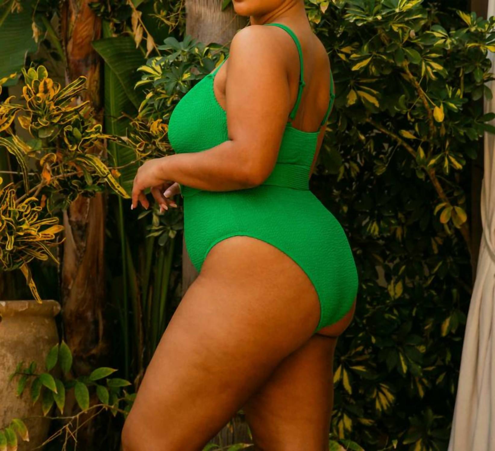 Fashion Szn Curve - Square Neck Crinkle Belted Swimsuit - Plus Size