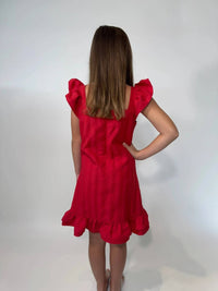 little Olin Girls Ruffle Dress in red - kids' dress - detail view