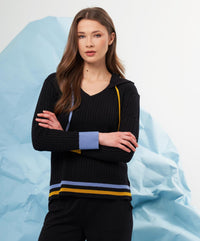 french kyss Braided V-Neck Hoodie in black multi - women's top - alternate view
