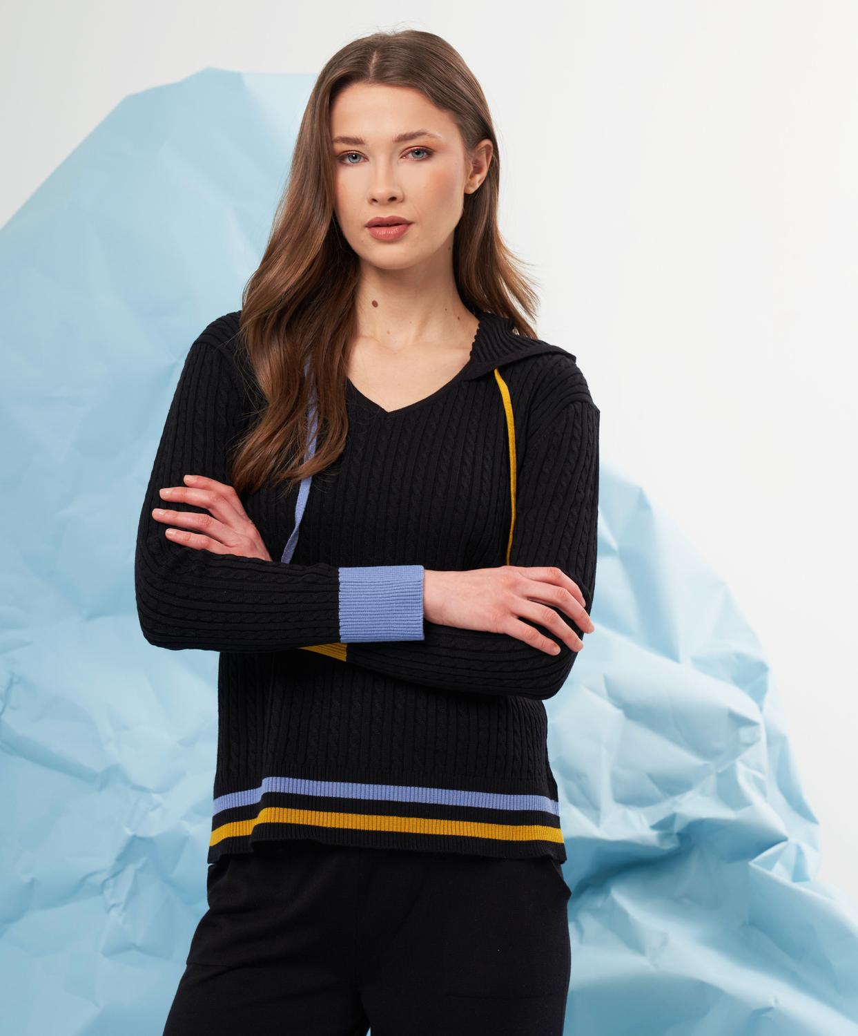 french kyss Braided V-Neck Hoodie in black multi - women's top - alternate view