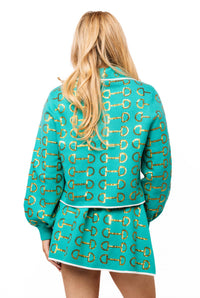 QUEEN OF SPARKLES Horse Bit Button Up Knit Collar Sweater in mint gold - women's shirt - detail view