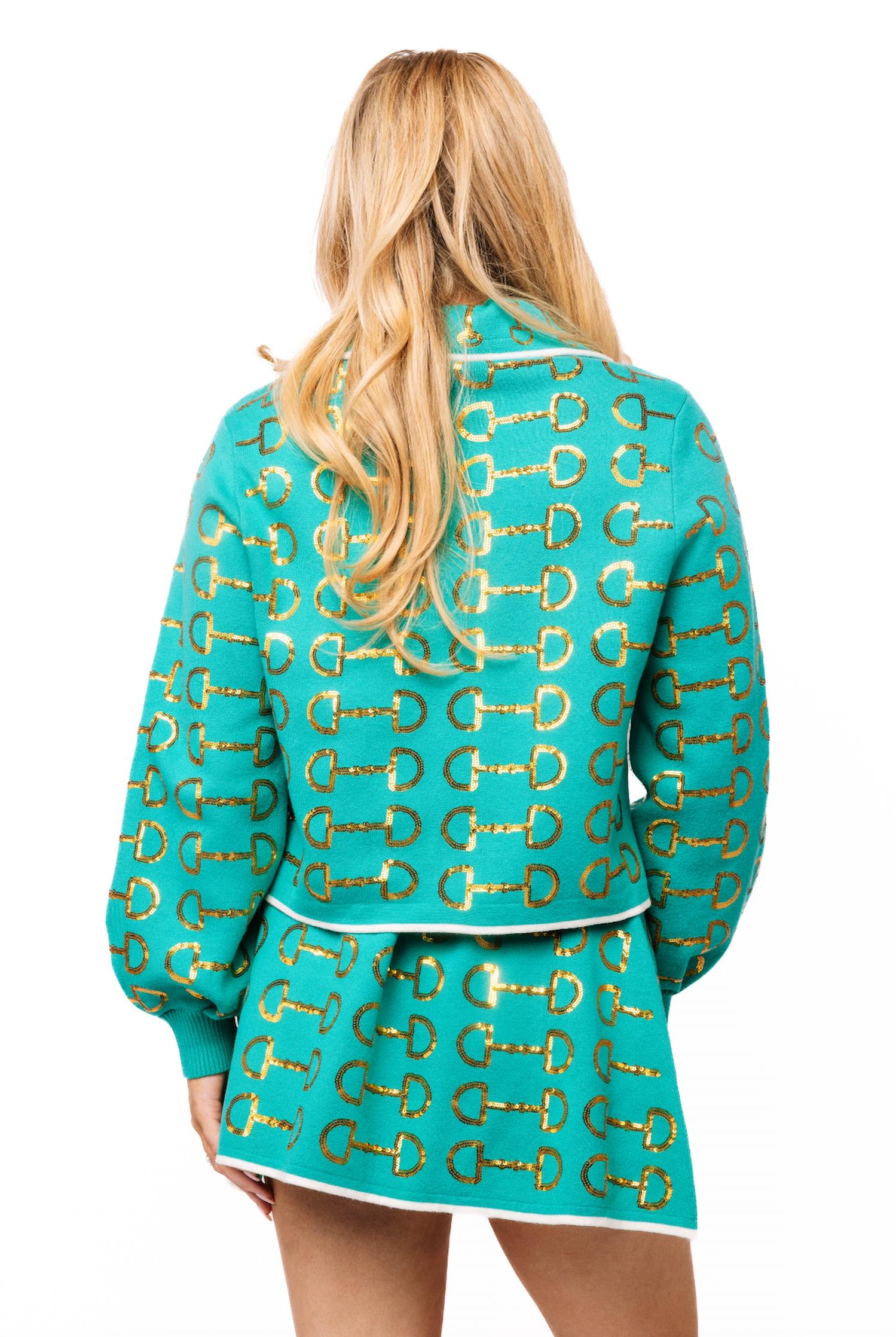 QUEEN OF SPARKLES Horse Bit Button Up Knit Collar Sweater in mint gold - women's shirt - detail view
