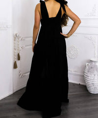 Surelymine - Tiered Maxi Dress Tie Shoulder Button Front Slit