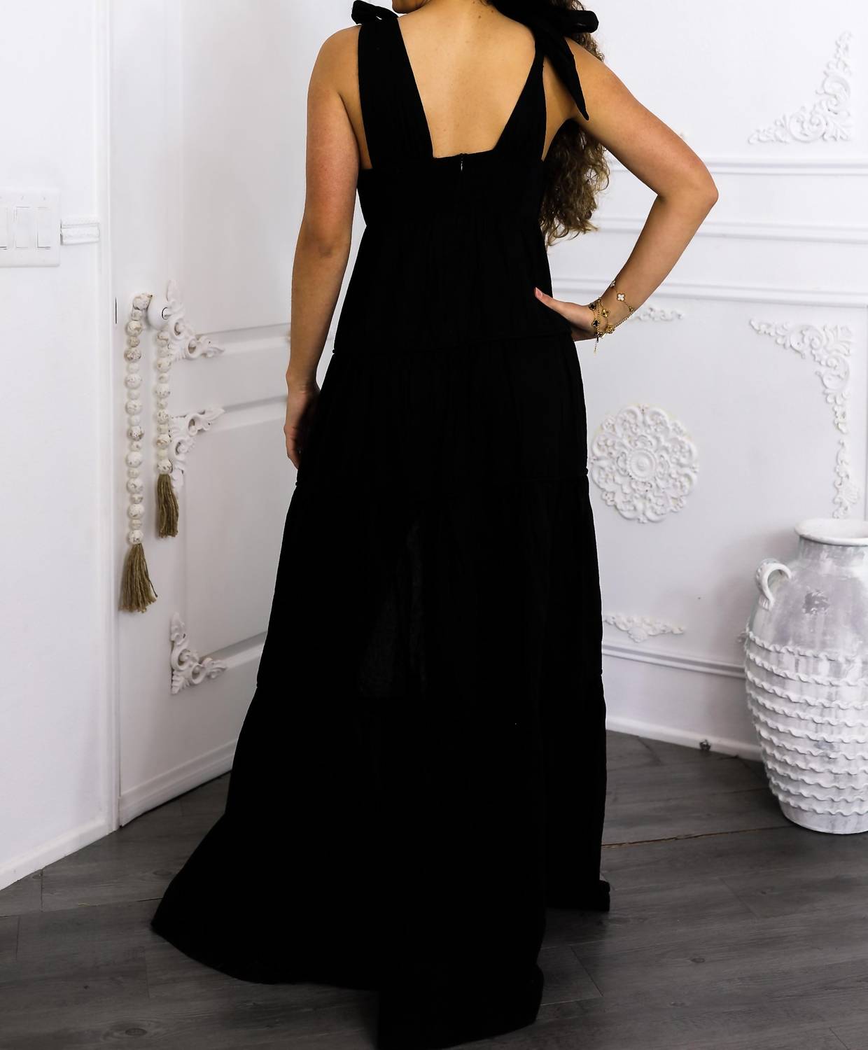 Surelymine - Tiered Maxi Dress Tie Shoulder Button Front Slit