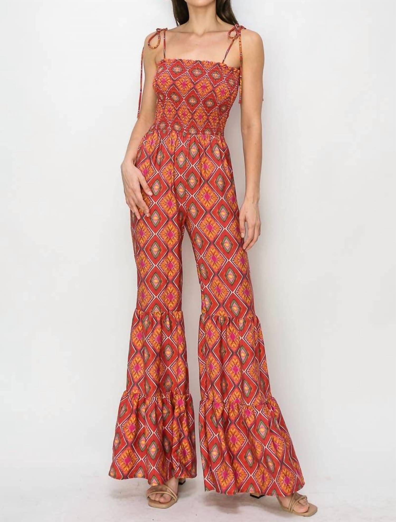 Wisteria Lane - Boho Print Smocked Flared Jumpsuit