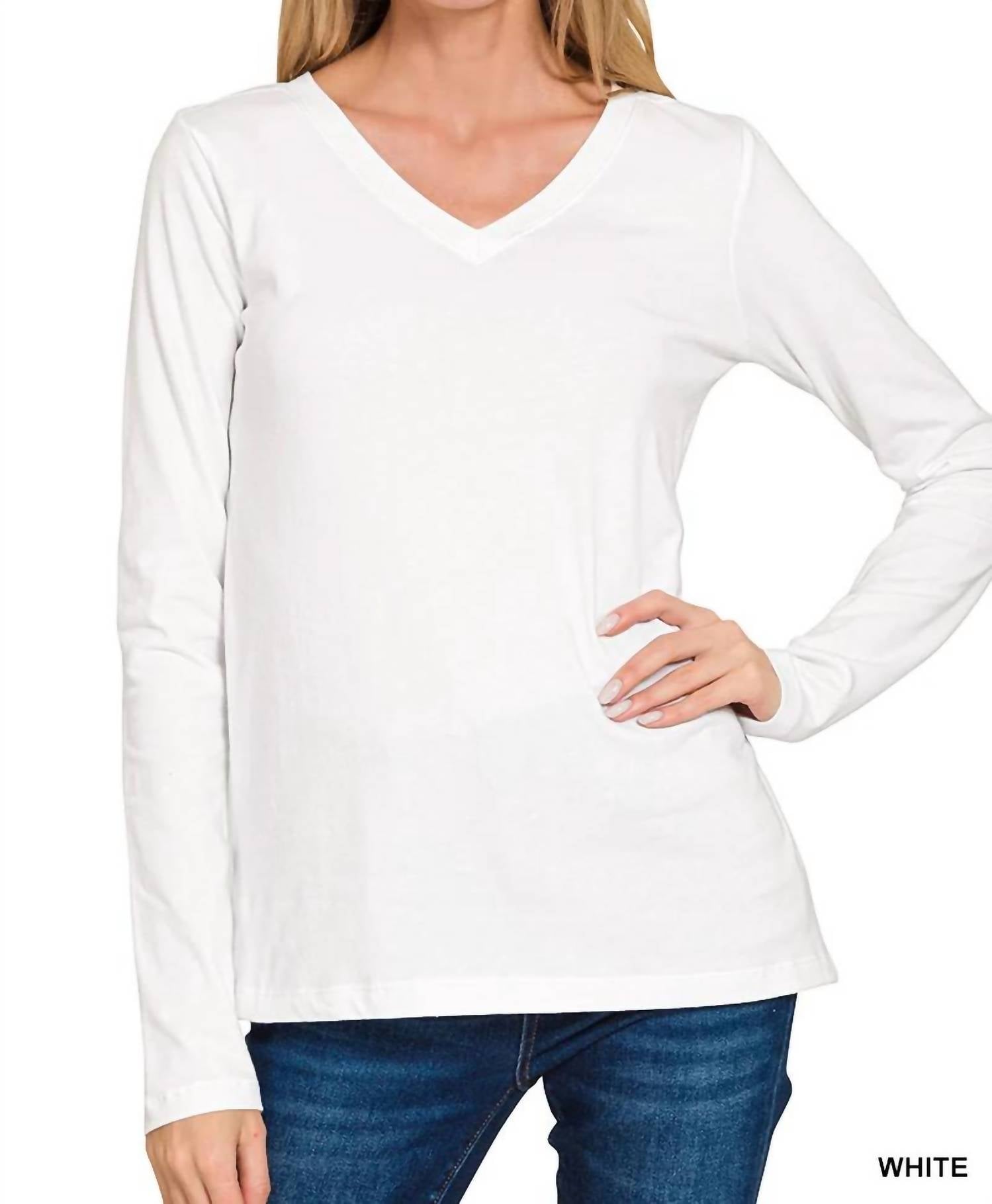 Zenana - Cotton v-neck long sleeve t-shirt