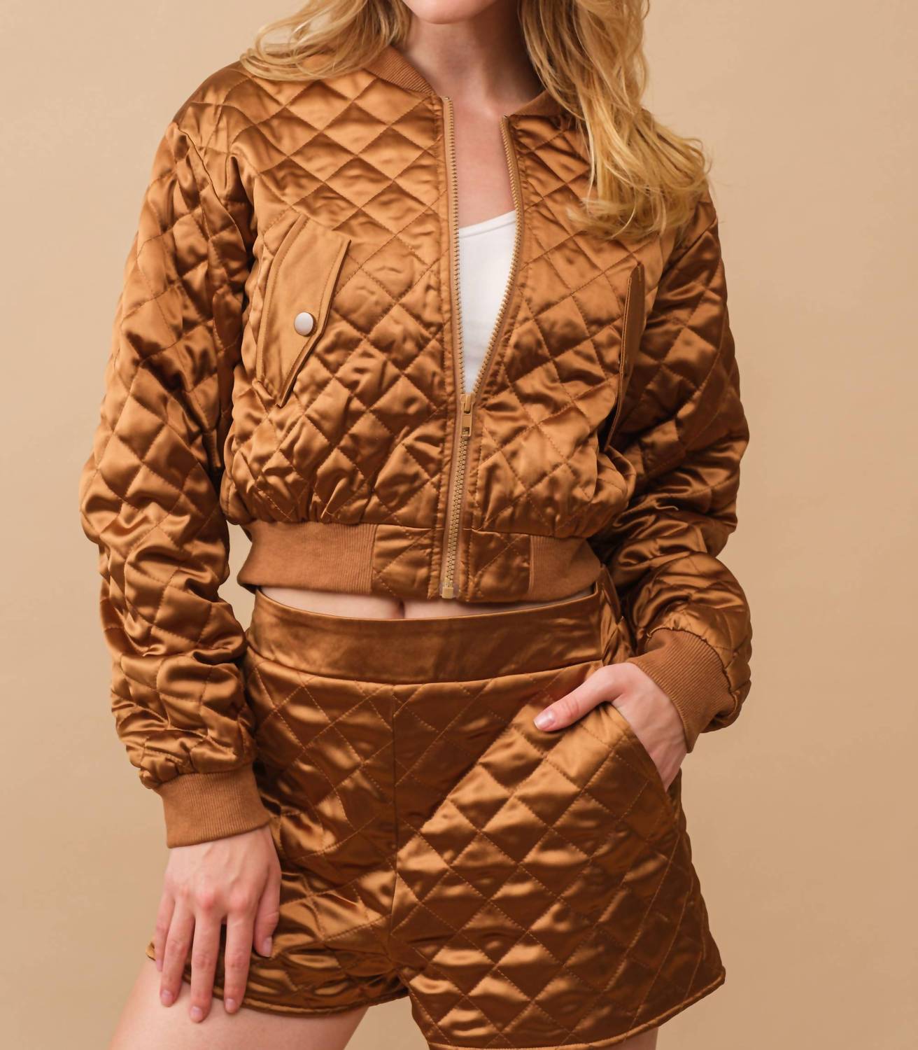 Blue B Quilted Crop Pocket Bomber Jacket With Matching Set in brown - women's sleepwear - alternate view