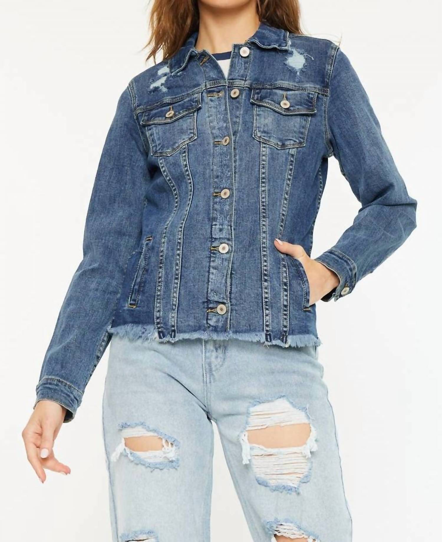 KanCan Fray Hem Denim Jacket in dark wash - women's jacket - view 6