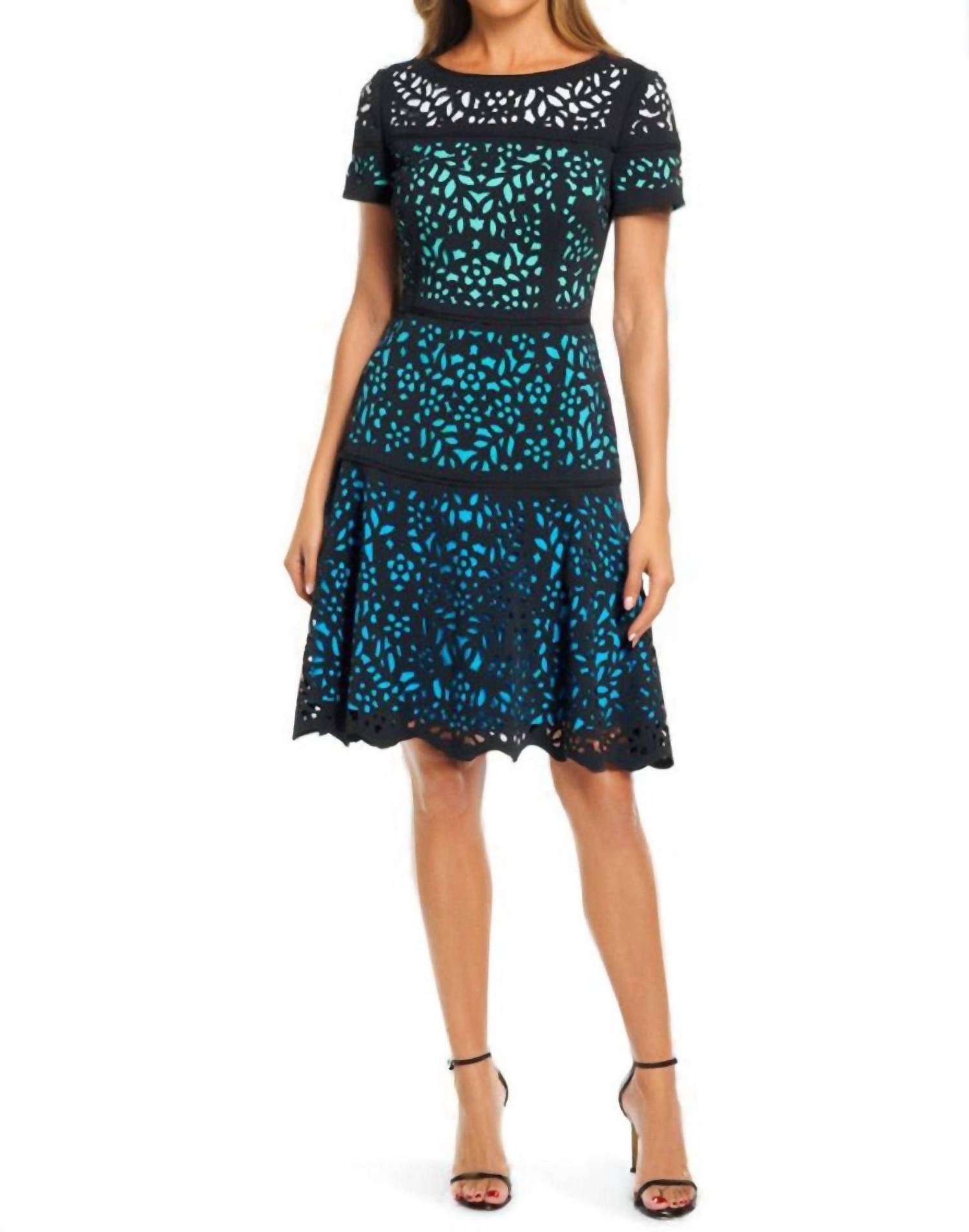 Shani - Colorblock Laser Cut Fit & Flare Dress