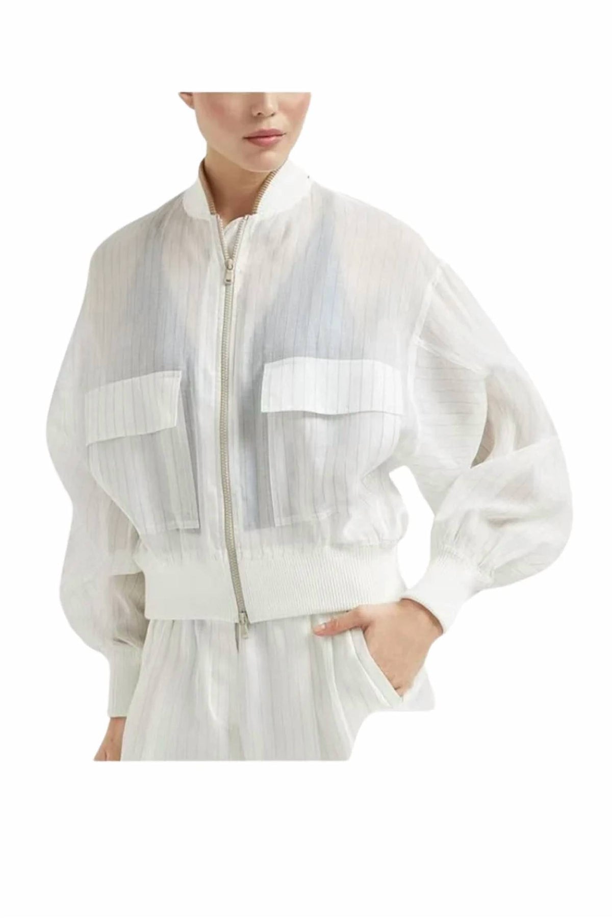 Brunello Cucinelli - Cotton Organza Pinstripe Bomber Jacket
