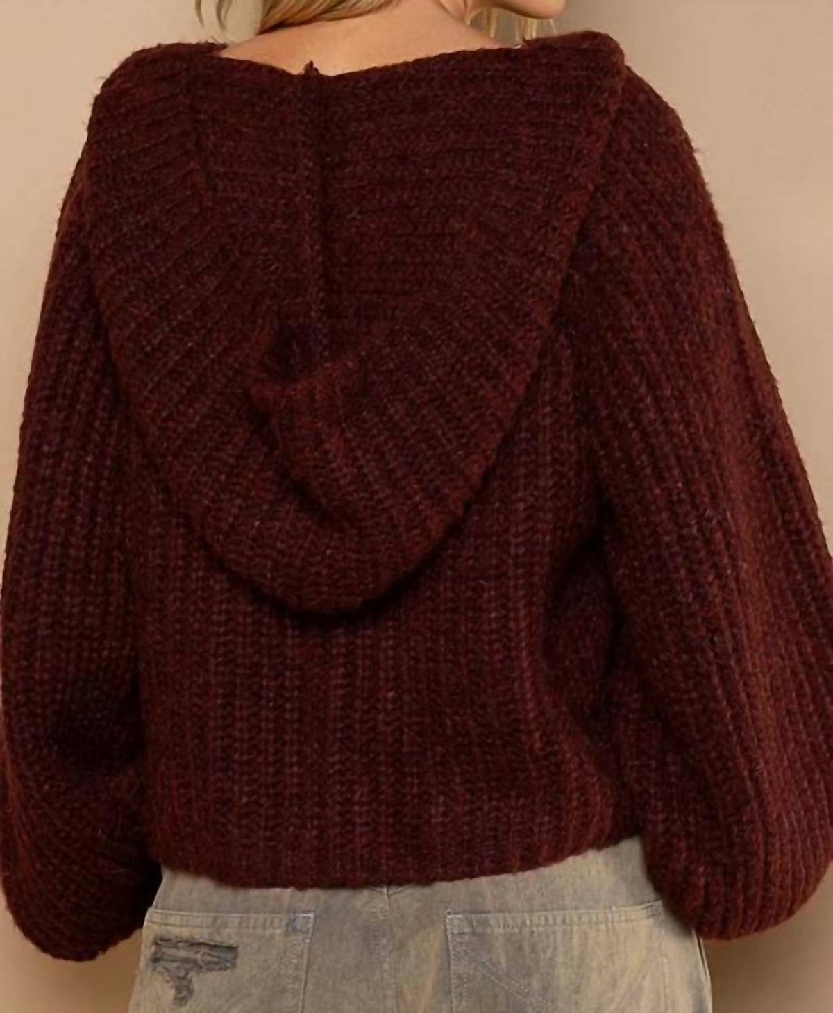 Pol - Hooded V-neck Balloon Sleeve Pullover