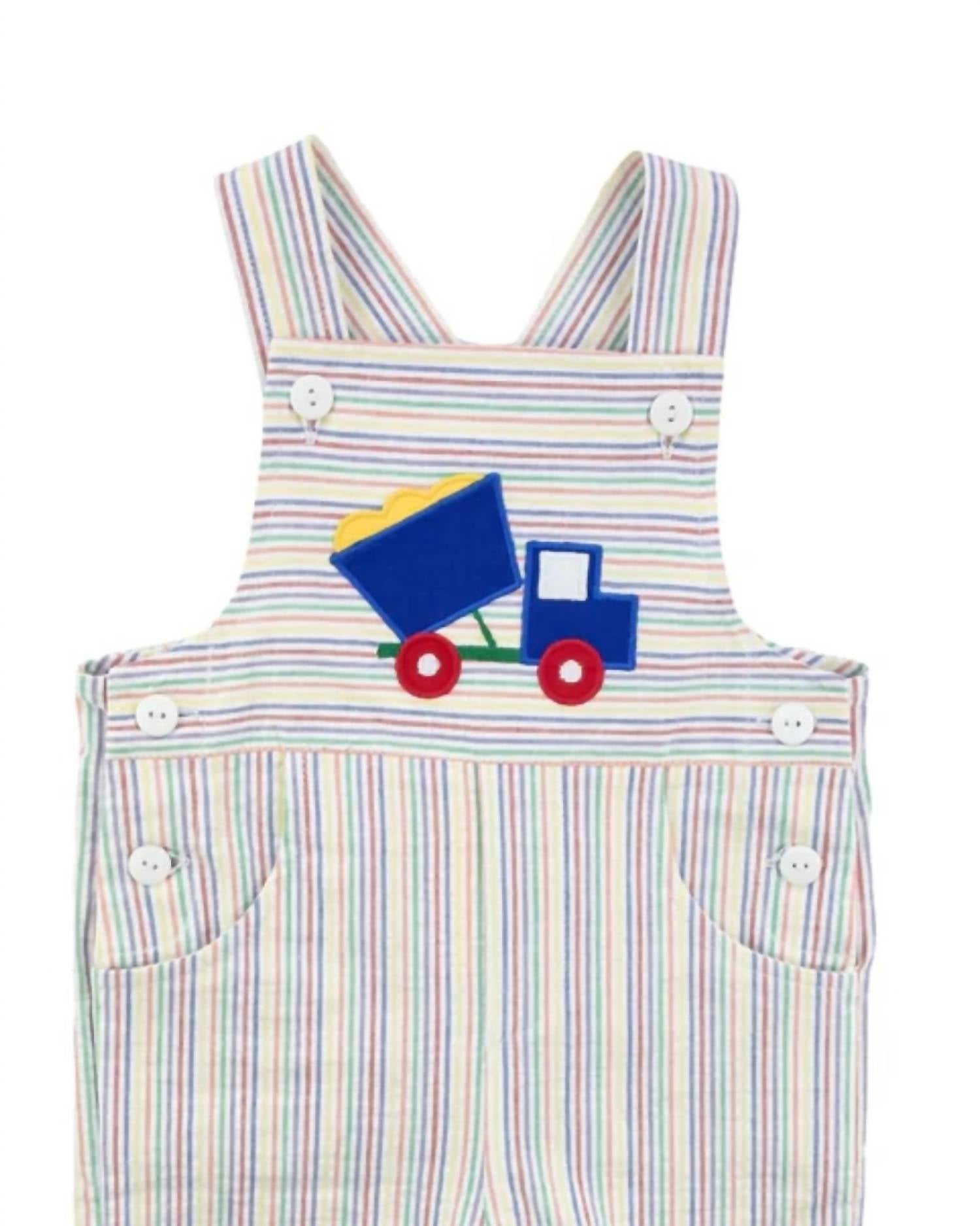 Florence Eiseman Kid's Dump Truck Stripe Seersucker Shortall in multicolor - kids' item - detail view