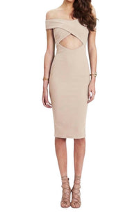 NOOKIE Boulevard Crossover Cutout Off Shoulder Midi Dress in nude - women's dress