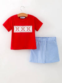 Rylee Faith Designs - Toddler Boys Baseball Smocked Tee and Plaid Shorts Set