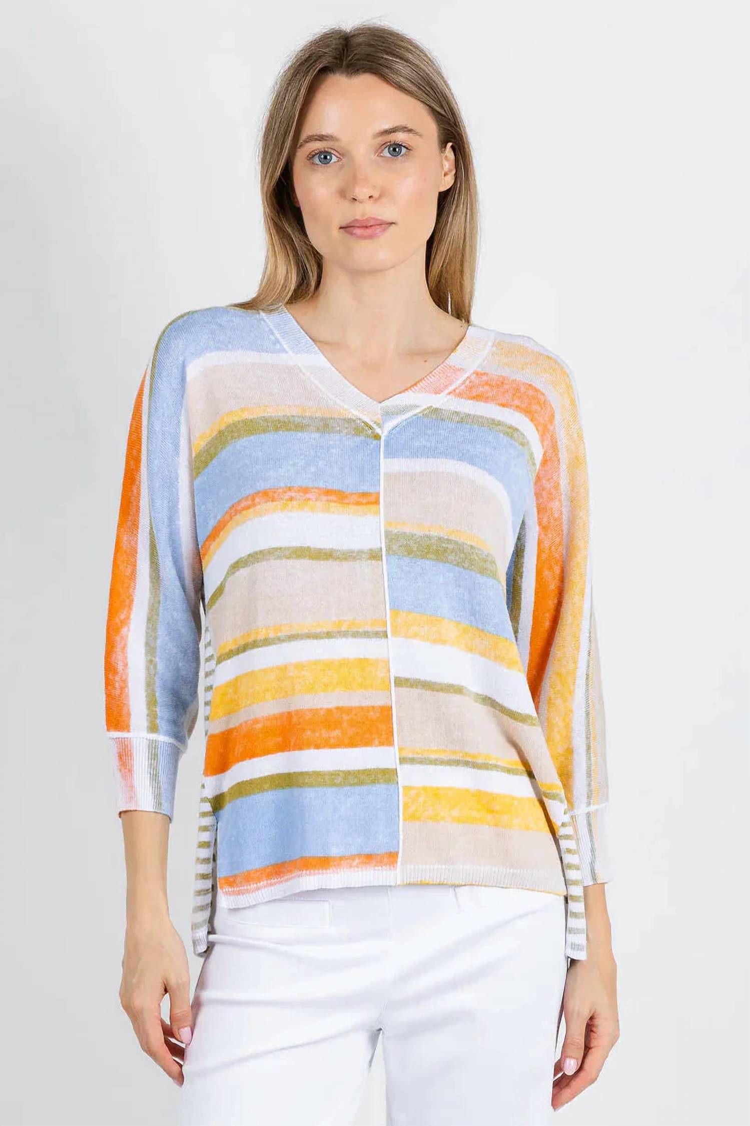 Elliott Lauren - Blocked Off Painted Stripe V Neck Sweater