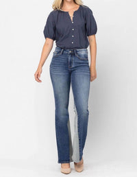 Judy Blue Mid Rise Inseam Panel Flare Jeans in blue - women's jeans - view 4