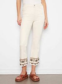 Charlie B - Flare Leg Cropped Twill Pants With Embroidery Hem