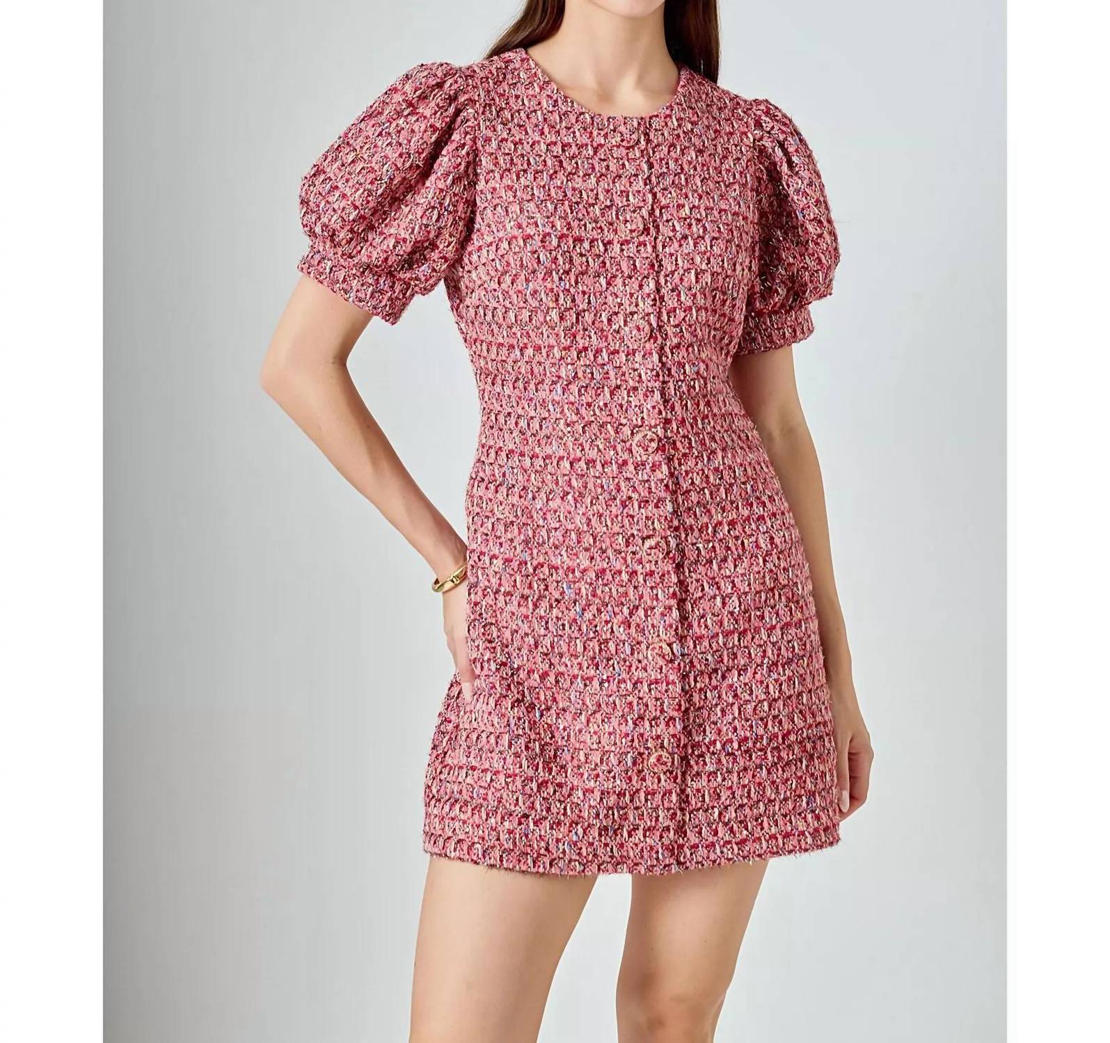 Endless Rose - Women's Tweed Puff Sleeve Mini Dress