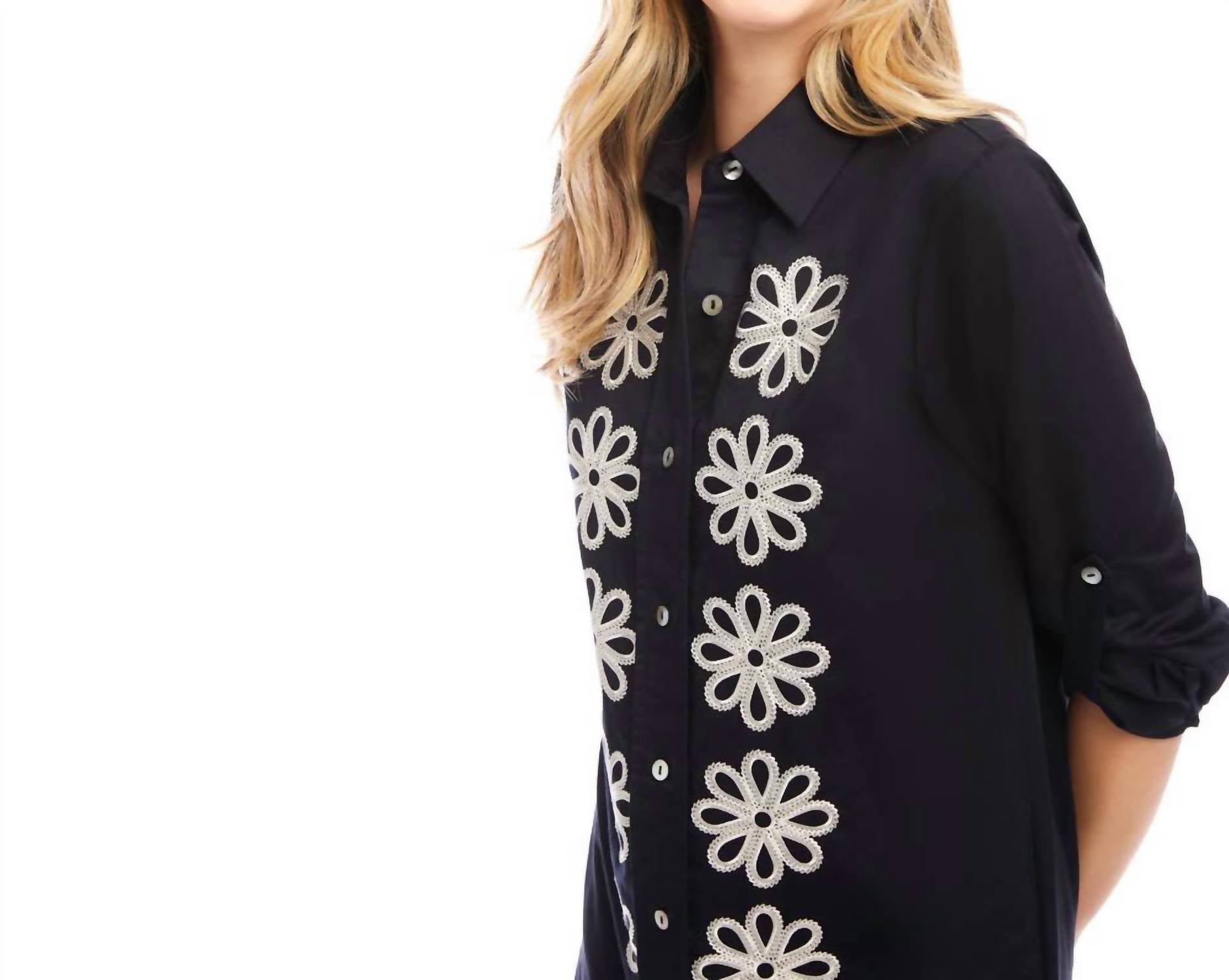 Karen Kane - Petite Size Roll Tab Embroidered Mini Shirtdress