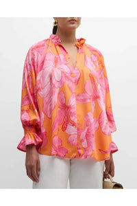Finley Candace Floral Blouson Sleeve Top in royal hawaiian orange pink - women's blouse - view 4