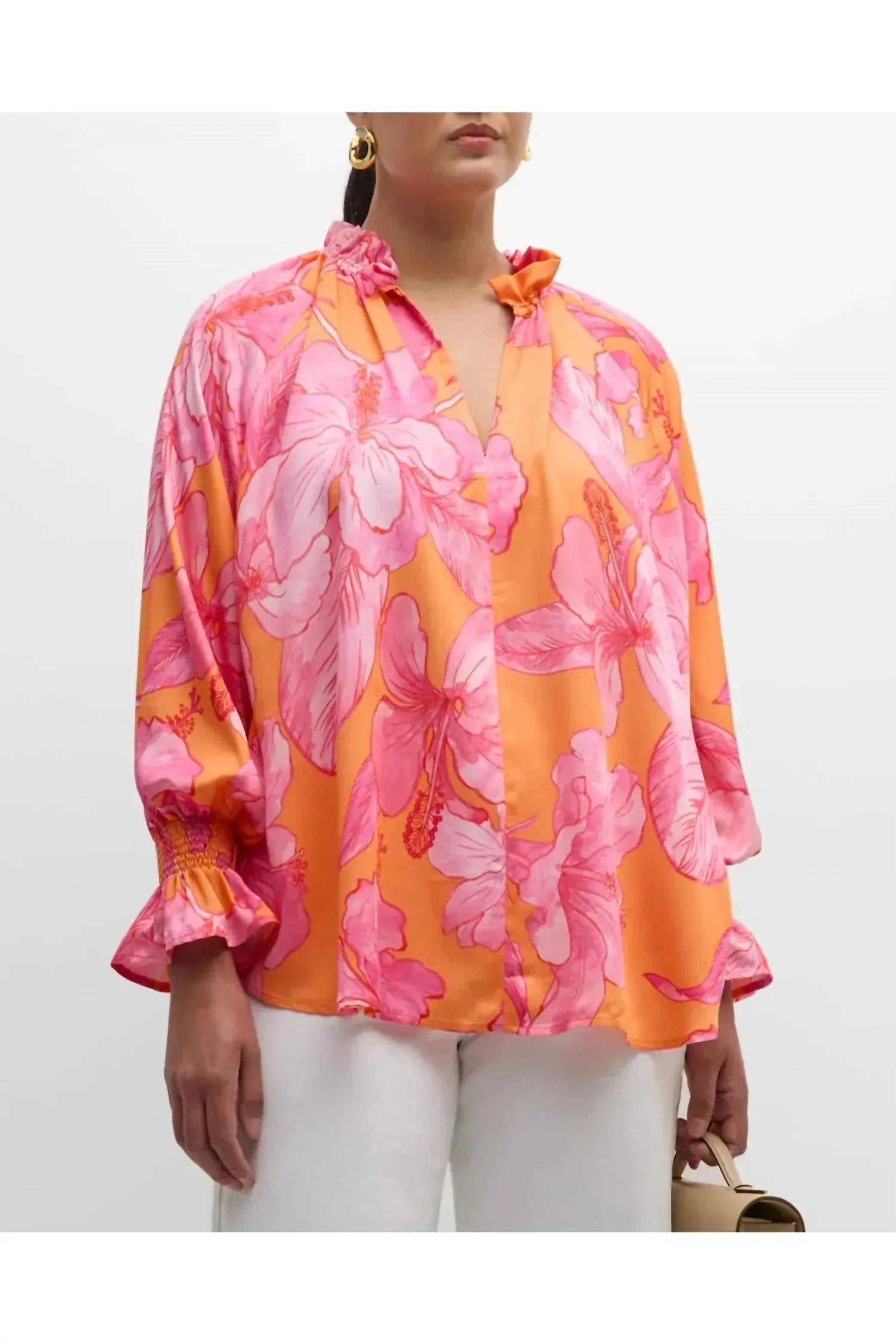 Finley Candace Floral Blouson Sleeve Top in royal hawaiian orange pink - women's blouse - view 4