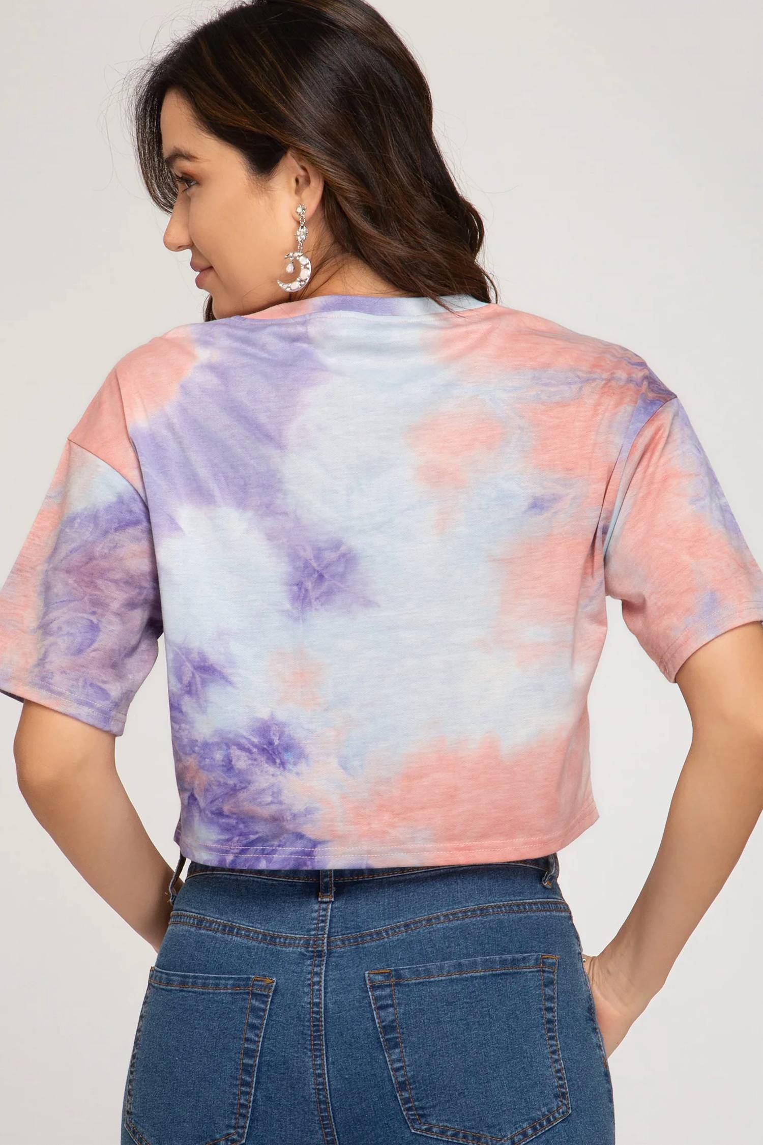 She + Sky - V-neck Tie Dyed Terry Crop Top