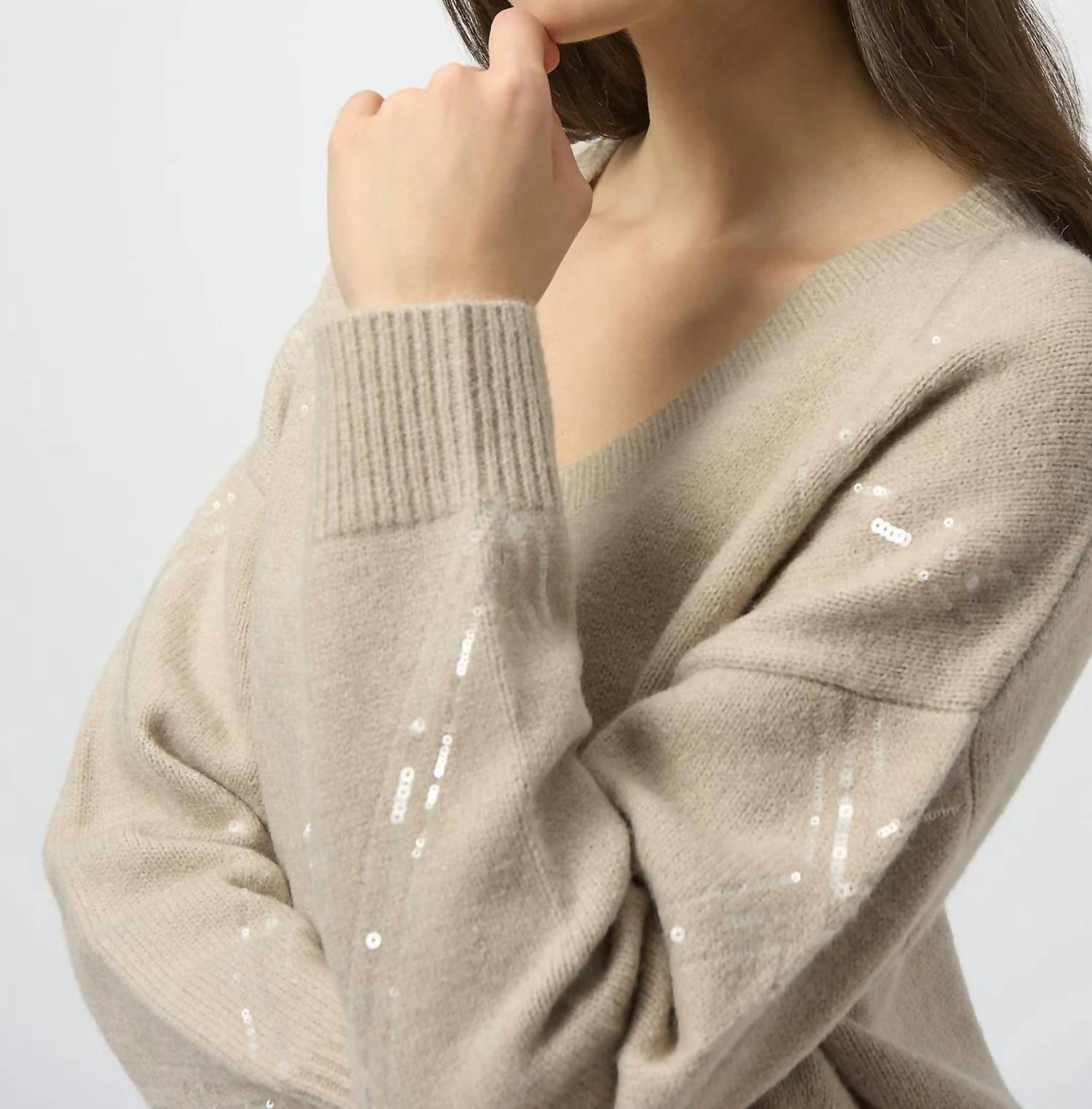 Joseph Ribkoff Sequined V-neck Pullover Sweater Top in oyster - women's sweater - alternate view