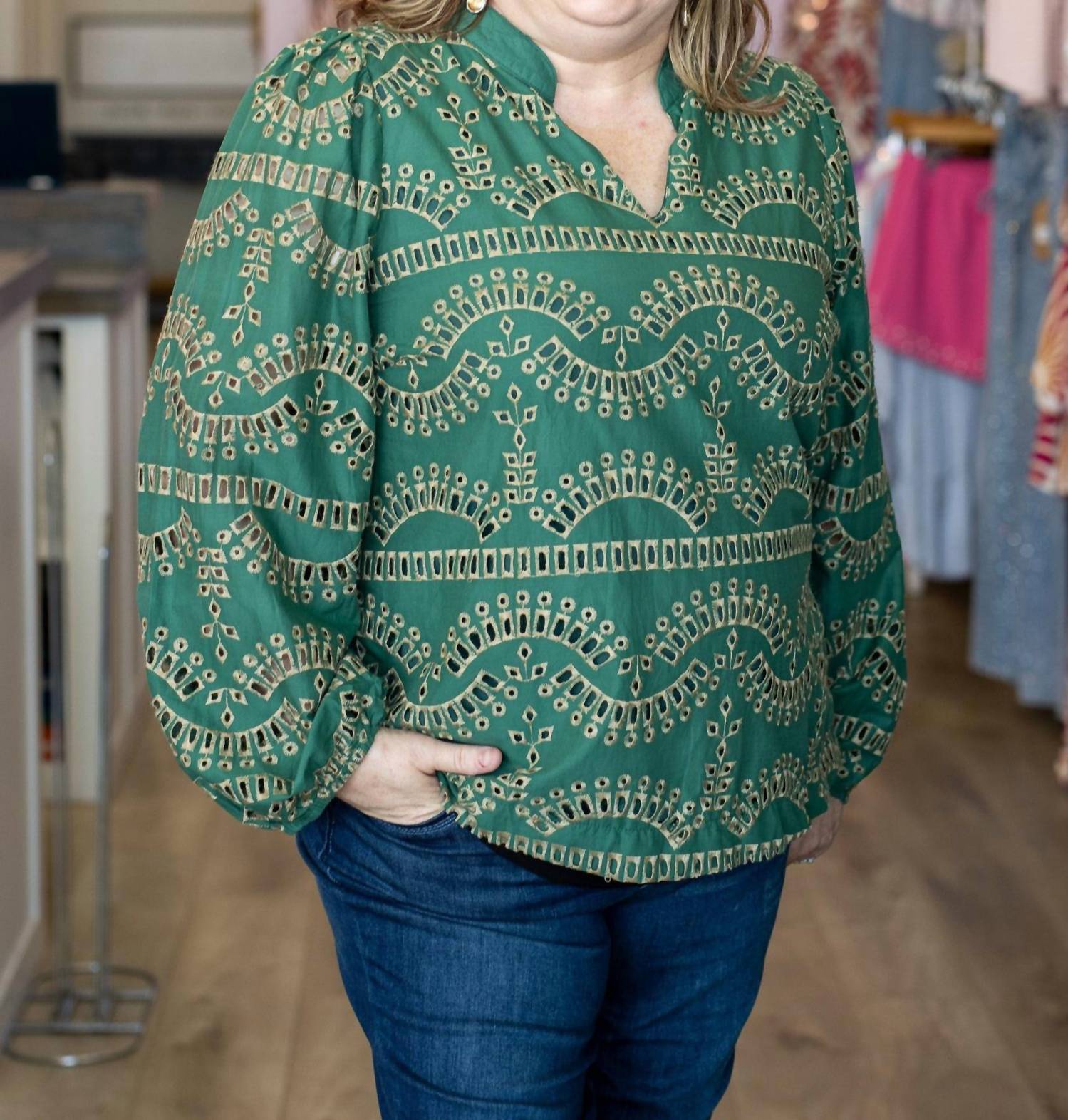Umgee - Eyelet Long Sleeve Top - Plus