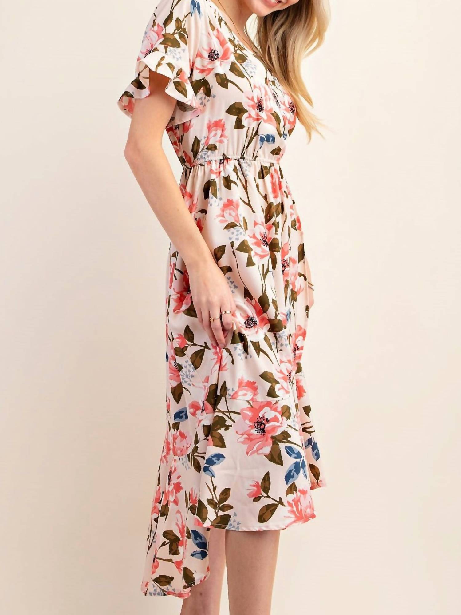 Chris & Carol - Floral V Neck High Low Elastic Waist Midi Dress