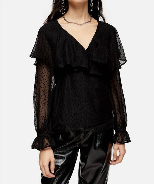 Topshop - Dotted Sheer Chiffon Ruffle Waist Tie Blouse