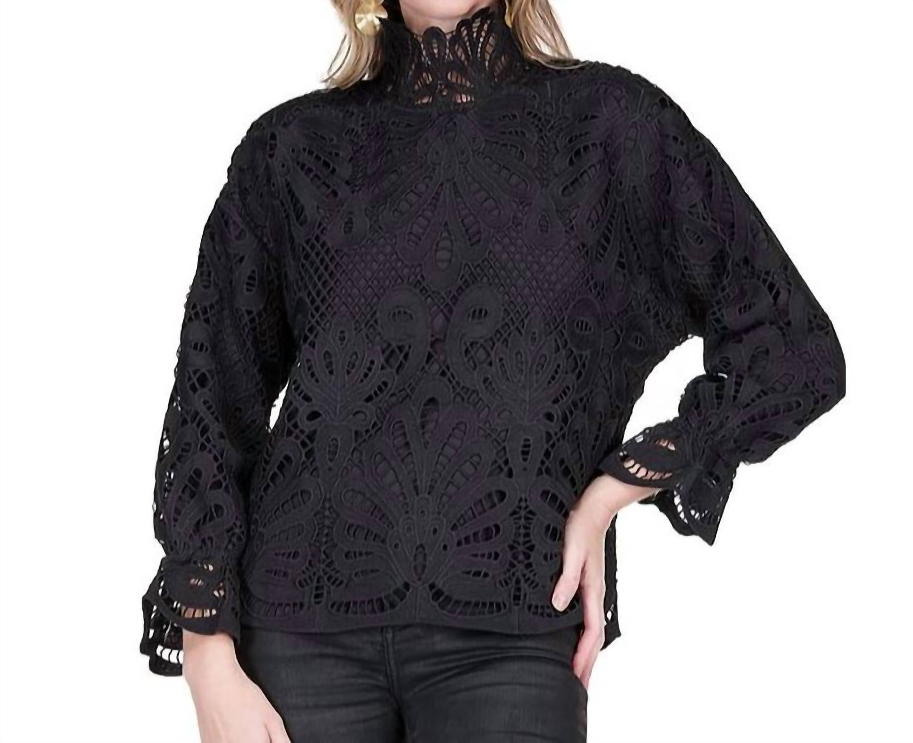 Jade Melody Tam Mock Neck Lace Blouse in black - women's blouse