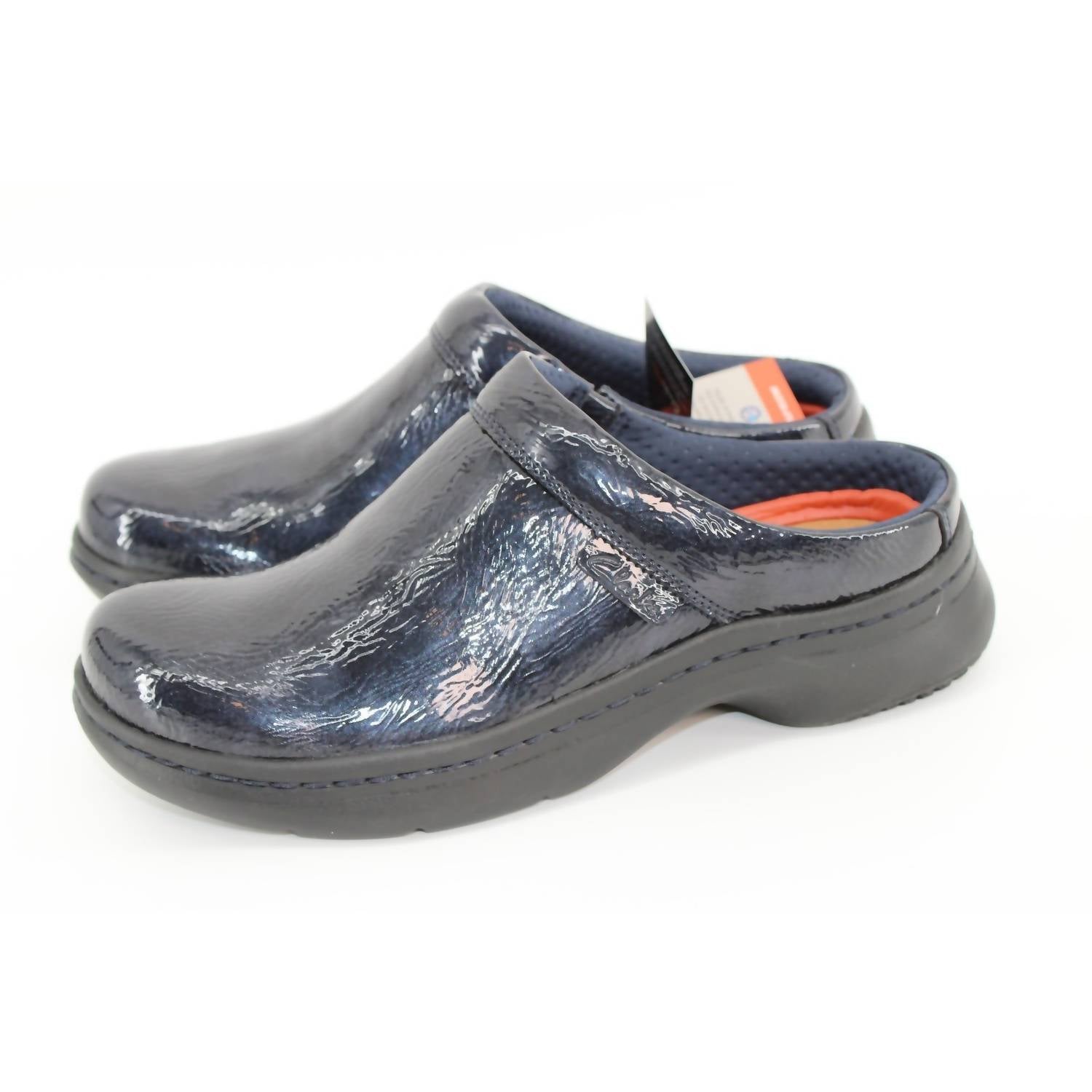Clarks Women's Pro Clog in navy patent - women's shoe - detail view