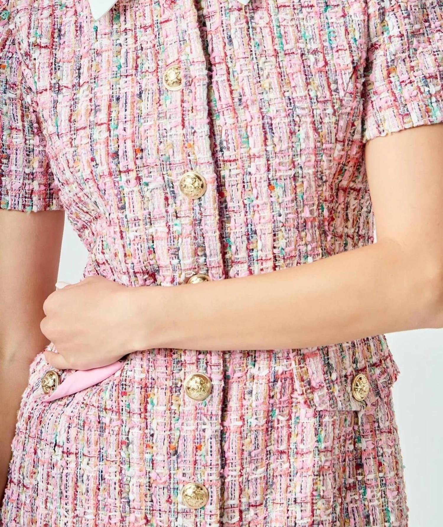 endless rose Tweed Short Sleeve Dress in pink - women's dress - alternate view