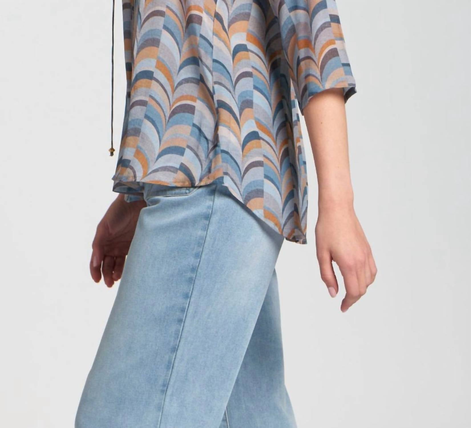 Apny - Print Tassel Split Neck Chiffon Top