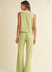 Anniewear - Linen Blend Contrast Trim Sleeveless Top And Pants Set