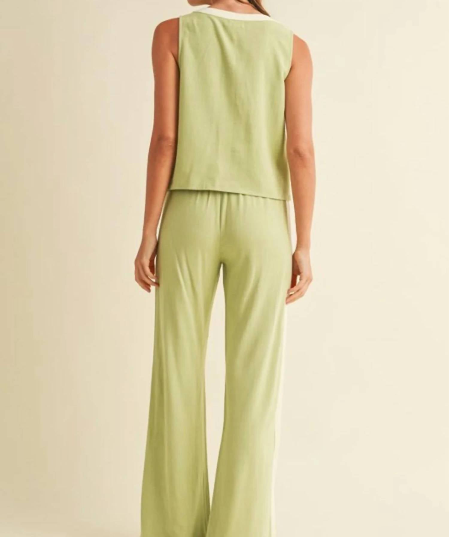 Anniewear - Linen Blend Contrast Trim Sleeveless Top And Pants Set