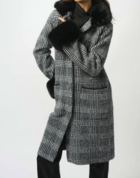 Joseph Ribkoff - Feather Yarn Plaid Jacquard Coat With Faux Fur Trim